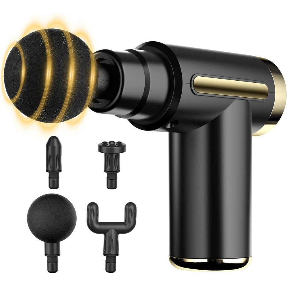 Cotsoco Mini Handheld Massage Gun front view showing premium black and gold body design
