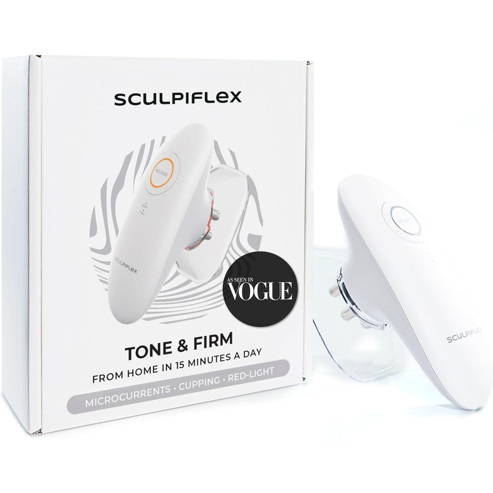 SCULPIFLEX 3-in-1 body sculpting massage tool front view showing its ergonomic white wireless design.