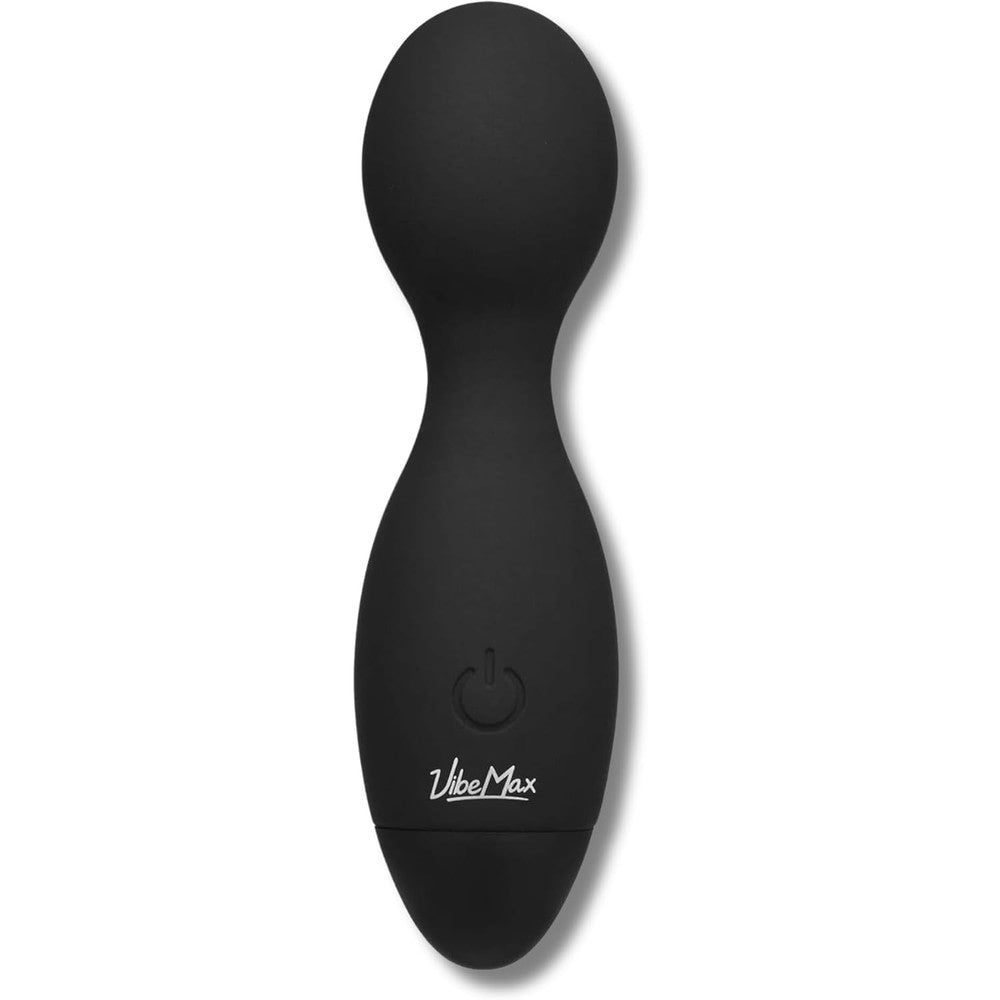 VibeMax Mini Personal Massage Device front view showcasing sleek black silicone wand design for muscle relief.