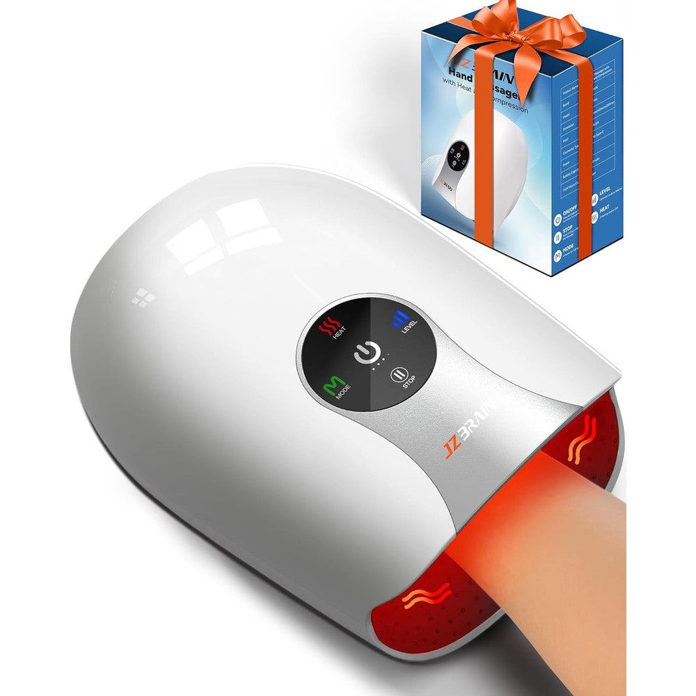 JZBRAIN Hand Massager front view showing the sleek white exterior and premium touch control panel