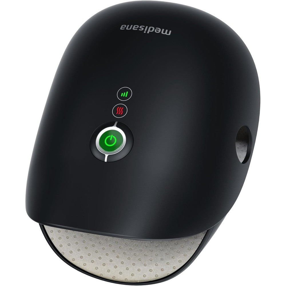 Medisana hand massager front view showcasing the sleek black premium exterior shell and digital touch control panel.