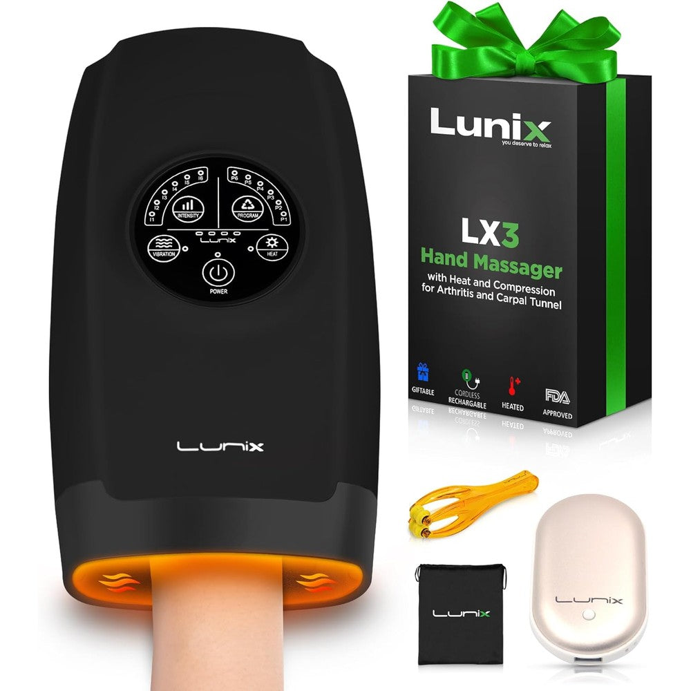 Lunix LX3 cordless electric hand massager front view showing black exterior and sleek digital interface control panel