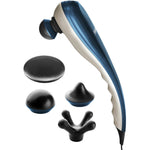 Wahl Deep Tissue Corded Long Handle Percussion Massager front view showcasing the ergonomic blue and white handheld body design.