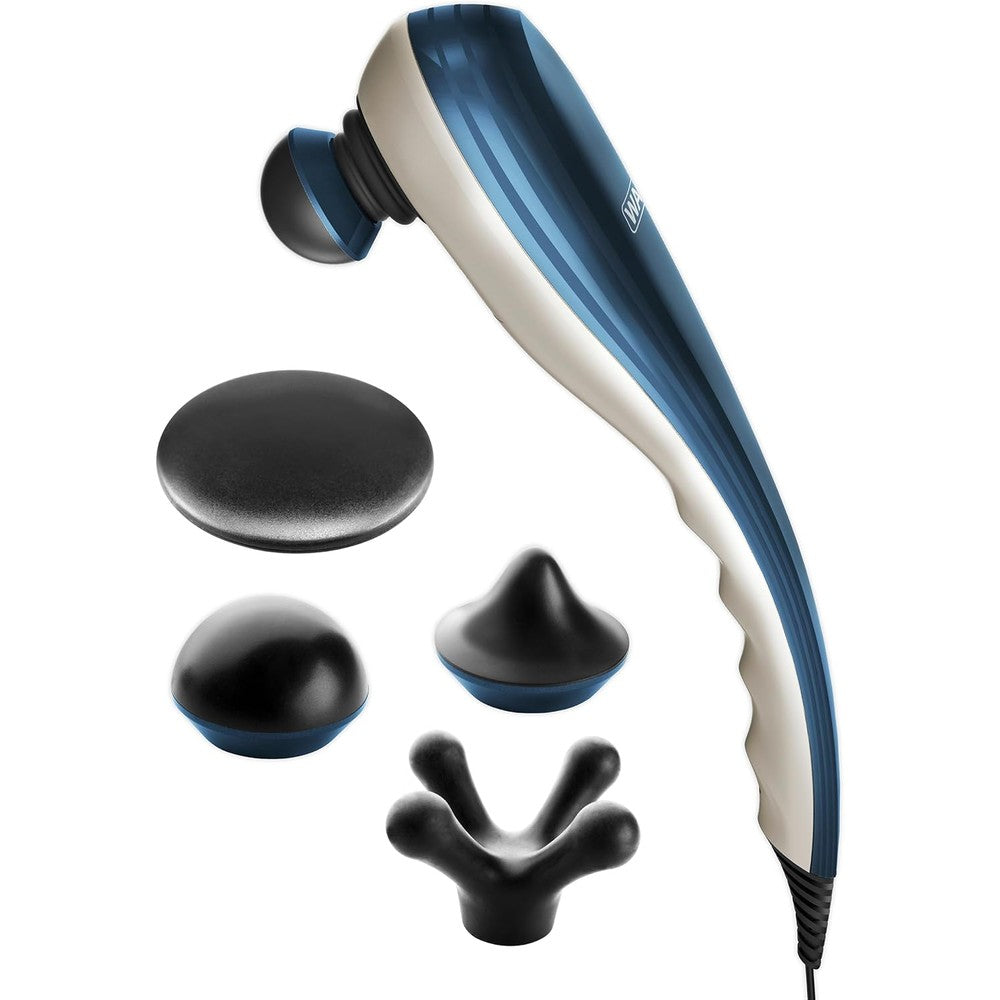 Wahl Deep Tissue Corded Long Handle Percussion Massager front view showcasing the ergonomic blue and white handheld body design.