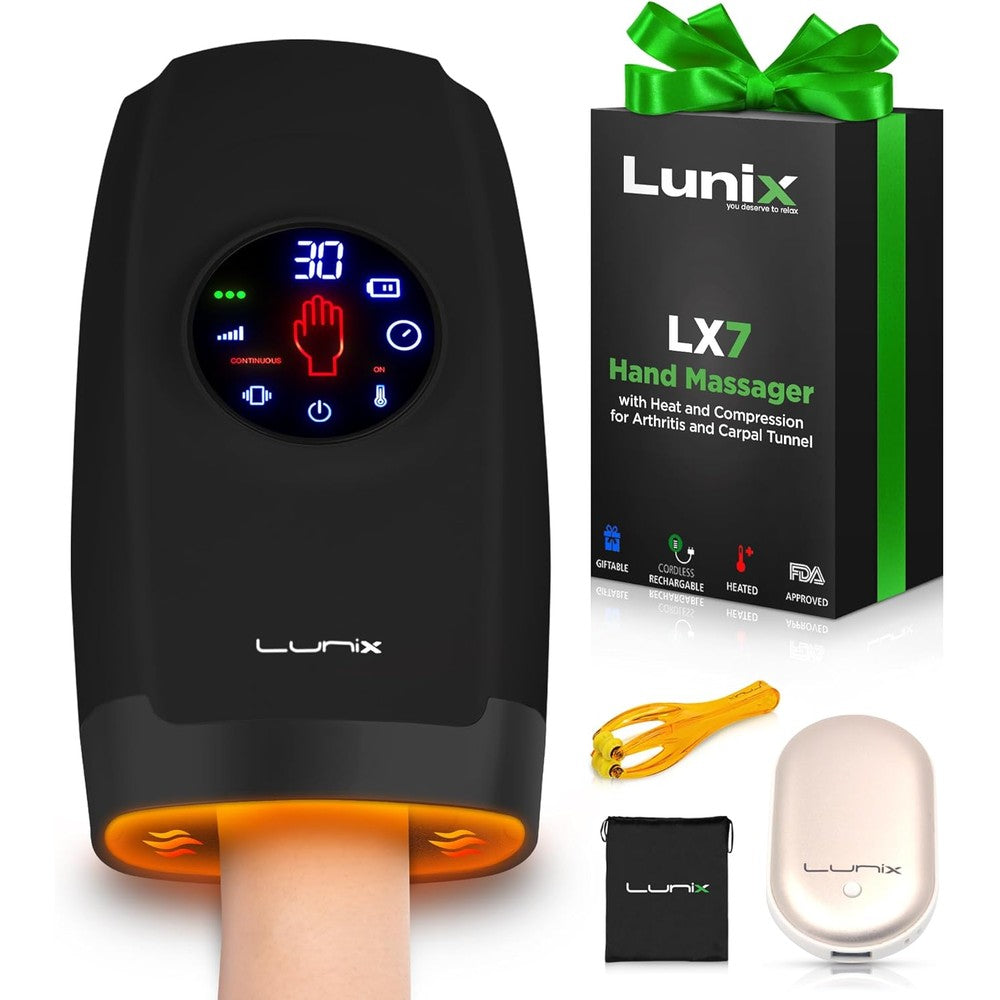 Lunix LX7 touchscreen electric hand massager black front view showing digital control panel