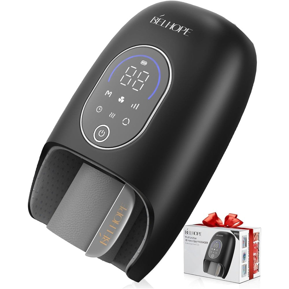 Belhope Hand Massager black therapeutic device front view showcasing LED screen