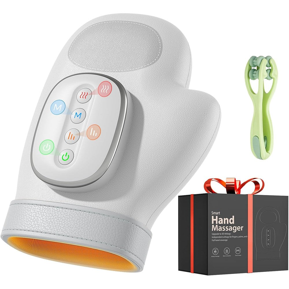 WUX Hand Massager cordless therapy glove with heat compression relief showing premium white textured exterior.