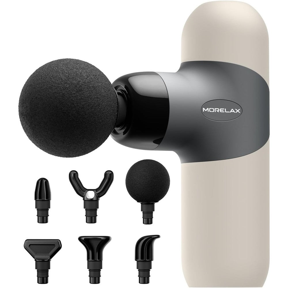 Morelax Mini Massage Gun front view showcasing the compact Almond color design and smooth matte finish.