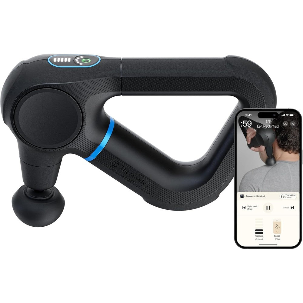 TheraGun Prime 6th Generation massage gun front view showcasing iconic triangular ergonomic handle.