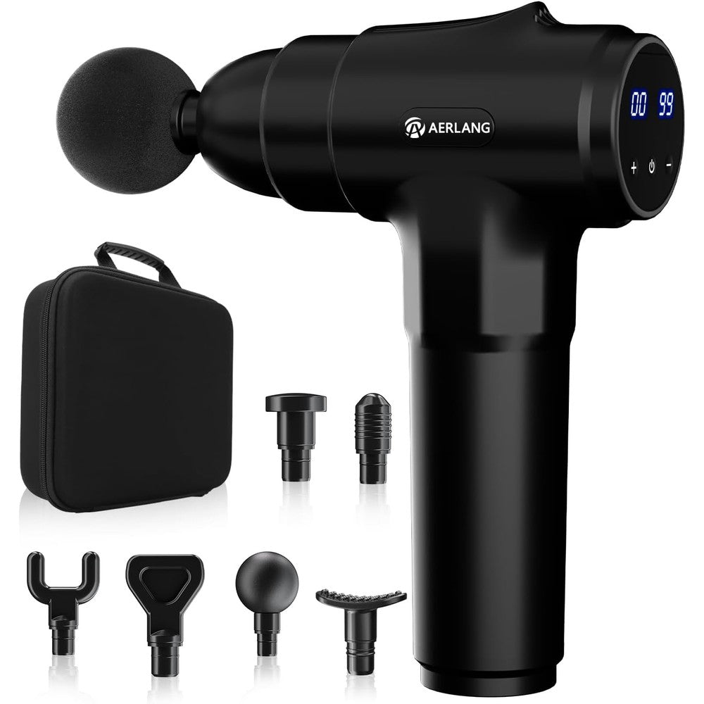 AERLANG Percussion Massage Gun front view showing modern black matte finish and LCD touchscreen display panel