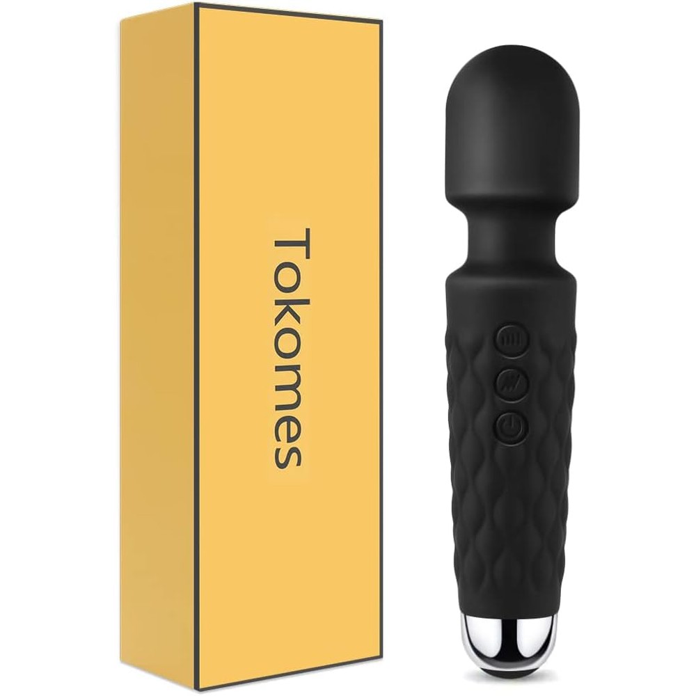 Tokomes Power Wand Massager front view showcasing the sleek black silicone design and textured handle control buttons.