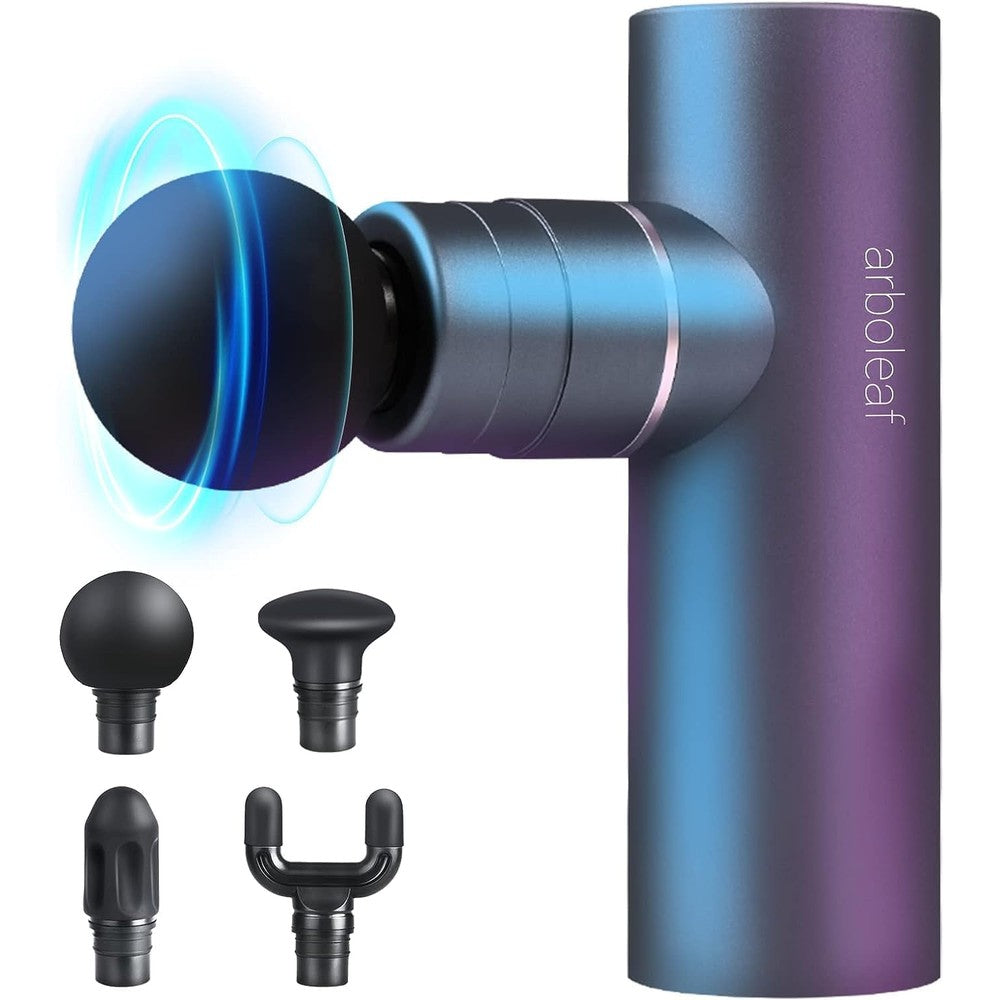 Arboleaf Mini Massage Gun front view showcasing the sleek gray full metal aluminum alloy body and compact handheld ergonomic design.