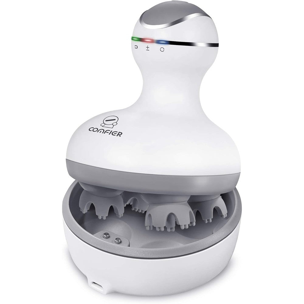 Comfier electric cordless hair scalp massager front view showing four silicone kneading heads
