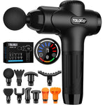 TOLOCO deep tissue percussion massage gun front view showcasing the sleek black finish and ergonomic handle.