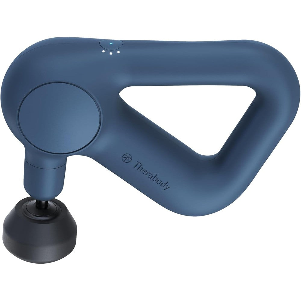 TheraGun Therabody Relief handheld percussion massage gun front view in navy blue finish