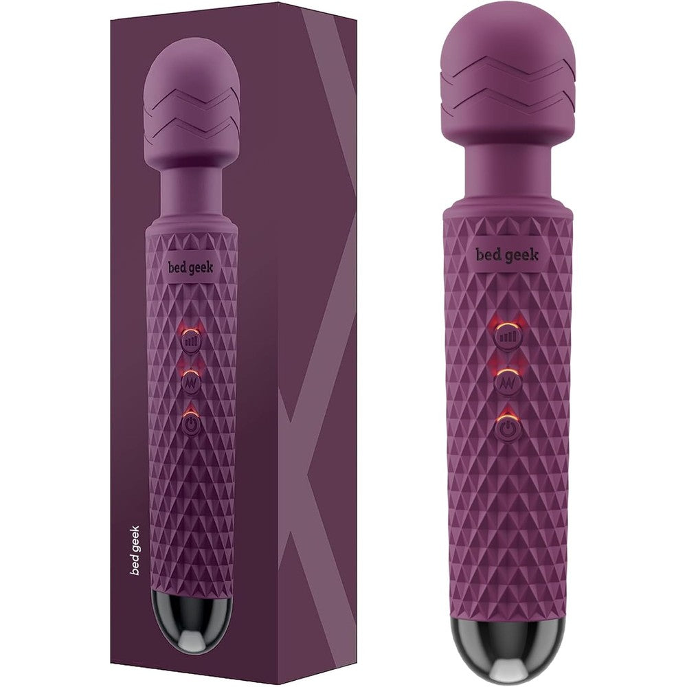 Bed Geek Cordless Personal Massage Wand front view of the purple handheld massager showing its flexible silicone head.