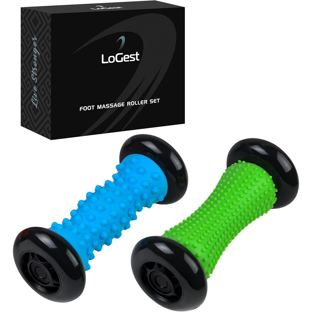 Logest Foot Massage Roller front view showing blue and green textured rollers with nodule patterns for acupressure therapy.