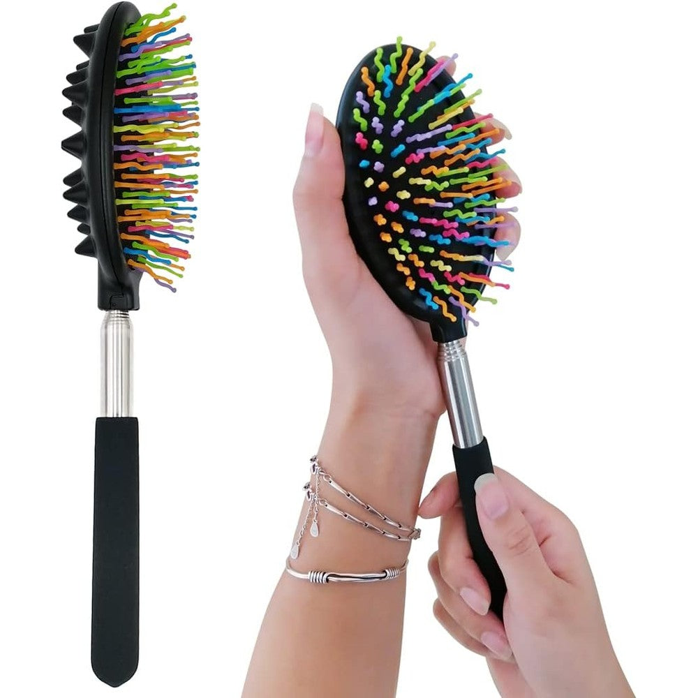 ZEMOZEN telescoping metal back scratcher front view showing extended stainless steel handle and colorful rainbow bristles.