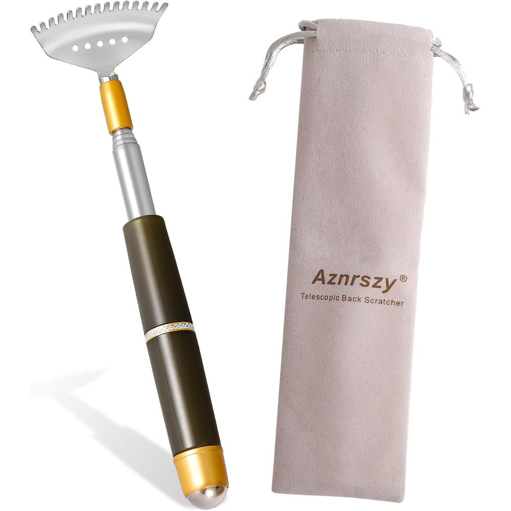 Aznrszy extendable back scratcher front view showing the stainless steel claw head.