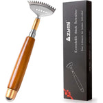 Azymi Telescopic Metal Back Scratcher front view showing extended stainless steel claw and deep red wooden handle.