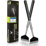 Villkin telescopic back scratcher front view showcasing the black non slip handle and stainless steel claw.