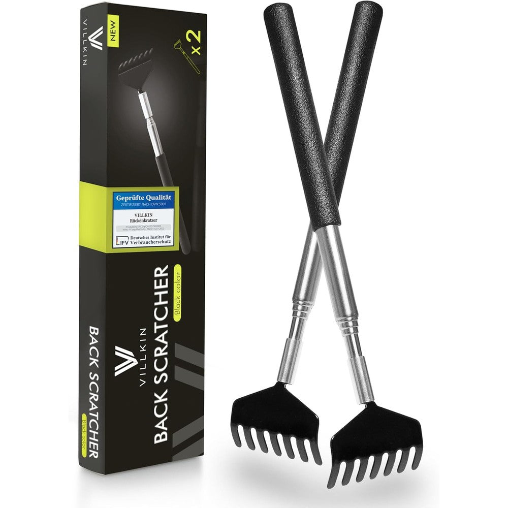 Villkin telescopic back scratcher front view showcasing the black non slip handle and stainless steel claw.