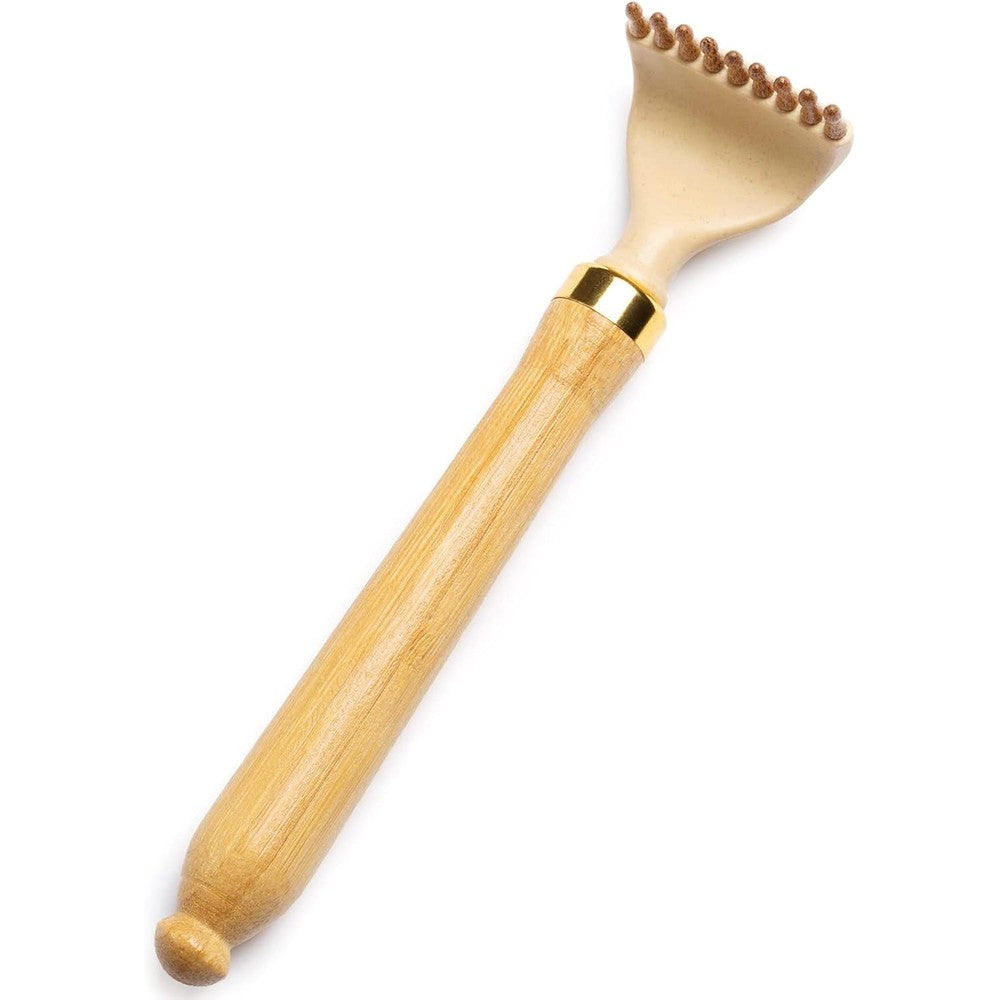 Lyanxinlei bamboo back scratcher front view showing the natural wood claw head and collapsed stainless steel handle.