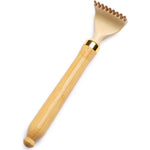 Lyanxinlei bamboo back scratcher front view showing the natural wood claw head and collapsed stainless steel handle.