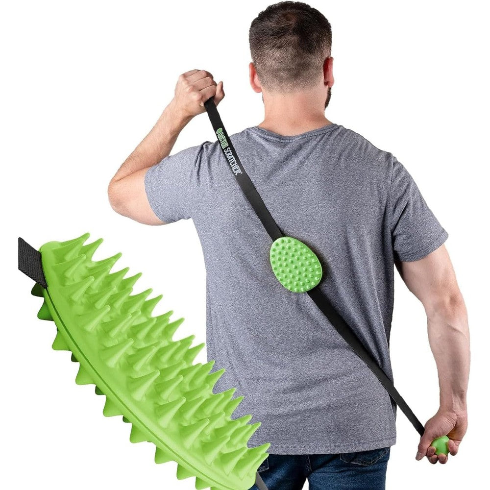 Cactus Scratcher Original Back Scratcher front view showing green flexible strap with dual-textured spikes.