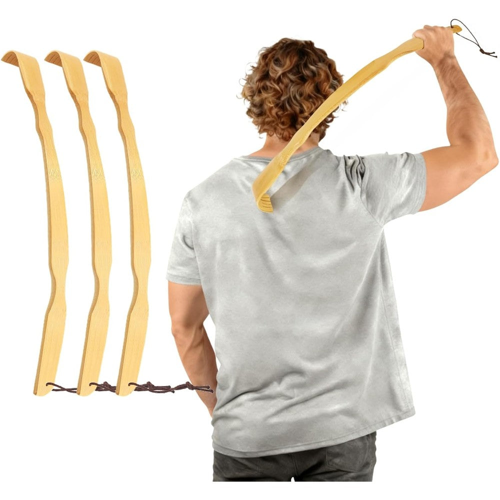 Renook bamboo back scratcher front view of three piece set showcasing curved handles
