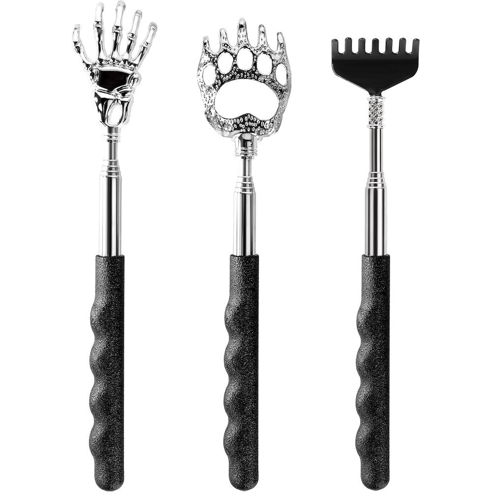 Lucdnc extendable back scratcher set front view showing three distinct interchangeable claw heads.