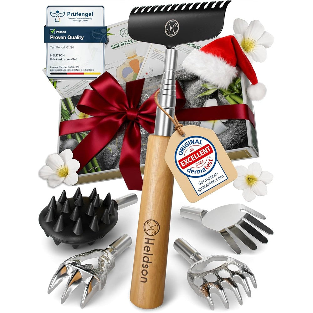 HELDSON Extendable Back Scratcher front view showing the premium beech wood handle and telescopic stainless steel rod.