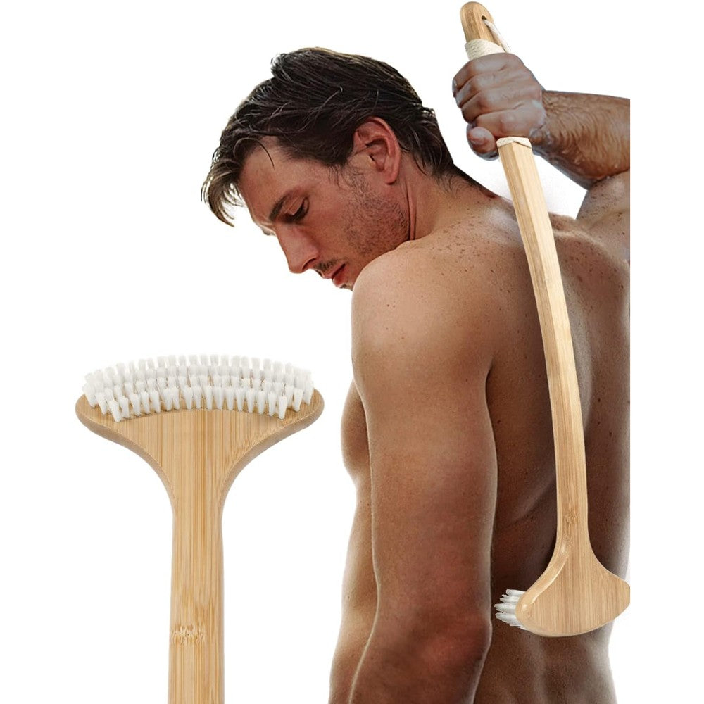 Renook Bamboo Back Scratcher front view showing the long curved handle and wide soft bristle brush head.