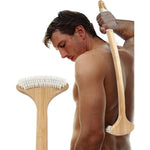Renook Bamboo Back Scratcher front view showing the long curved handle and wide soft bristle brush head.