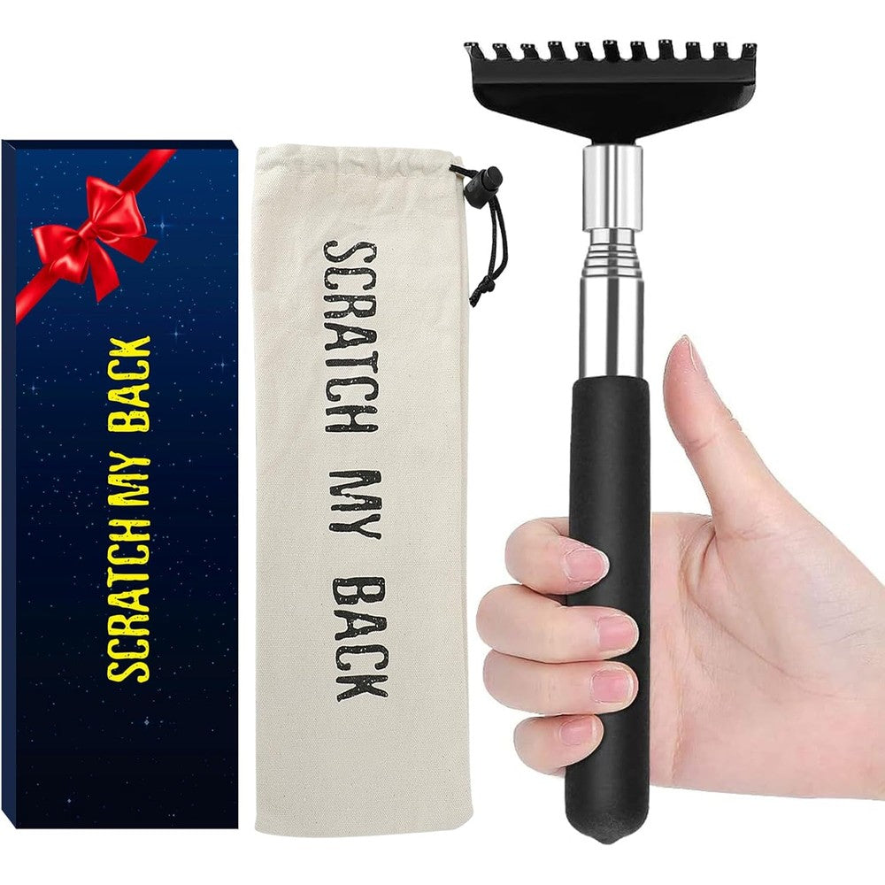 Flanker-L stainless steel telescoping back scratcher front view with wide claw and black rubber handle