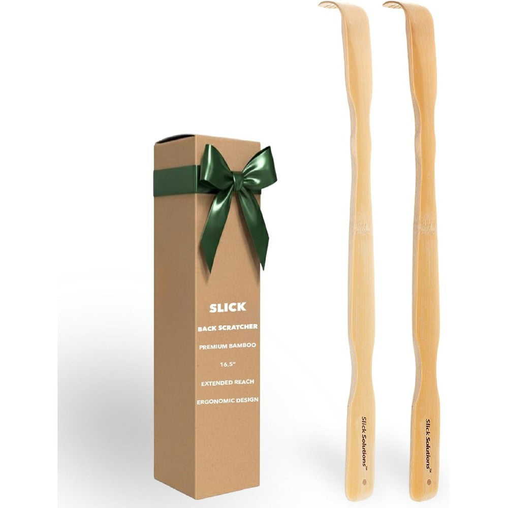 Slick Solutions Bamboo Back Scratcher front view showing the polished wooden scratching teeth and smooth long handle.