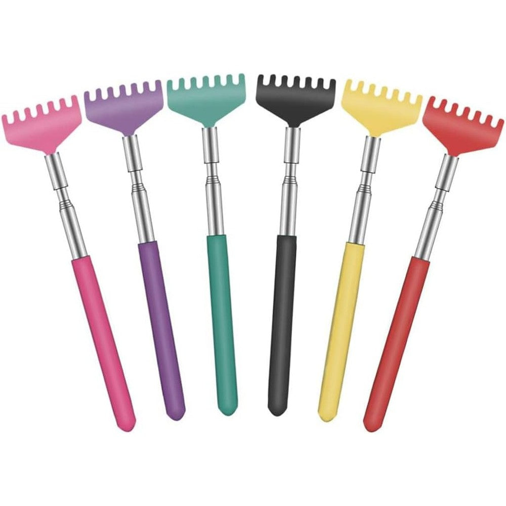 YIMICOO 6 pack extendable back scratcher front view showing six colorful rubber handles and stainless steel telescoping claws.