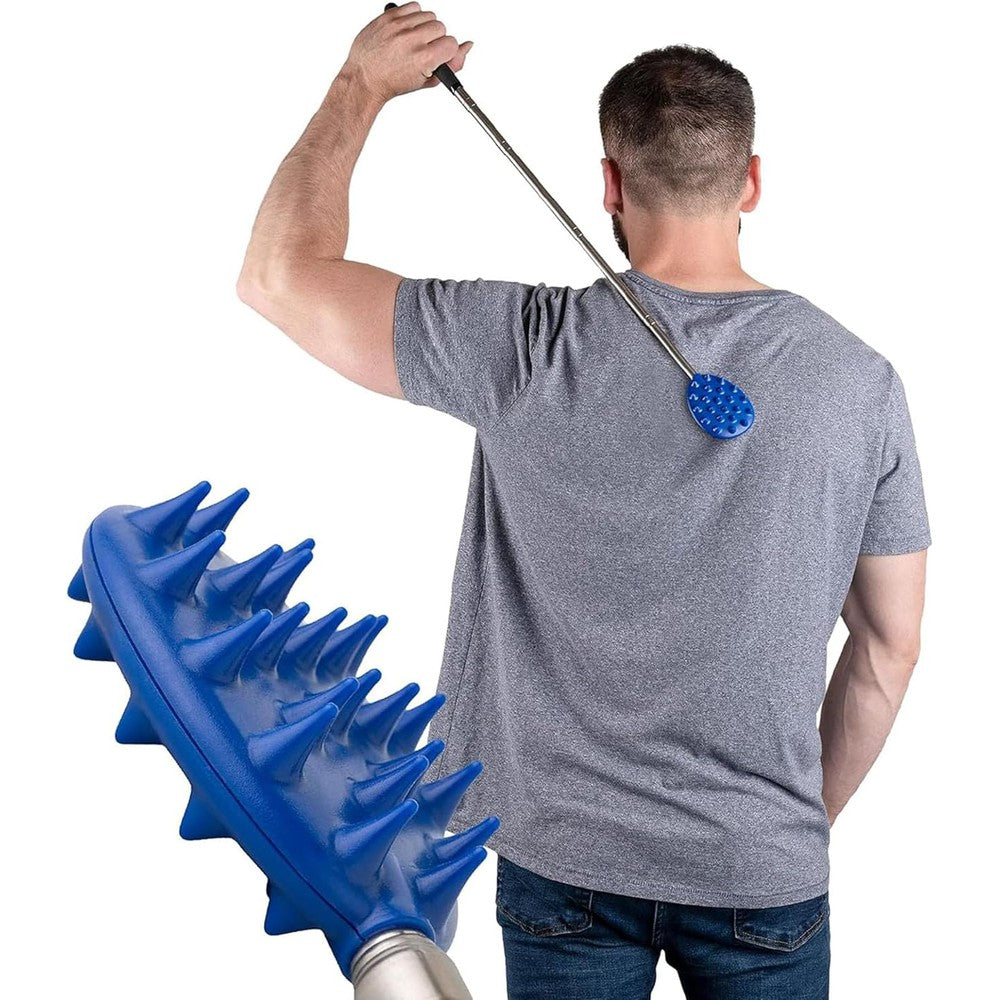 Cactus Scratcher extendable back scratcher front view showing blue double sided head