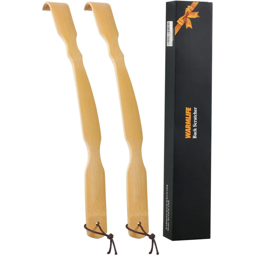 WARMLIFE bamboo back scratcher two pack set showing the front view inside the gift box