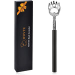 WOVTE Bear Claw Telescopic Back Scratcher front view showing the stainless steel scratching head and black rubber handle.