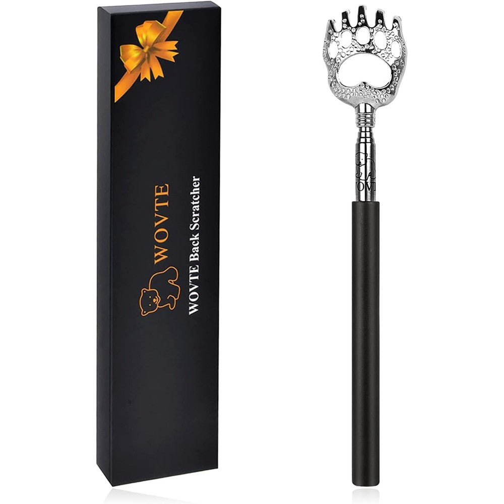 WOVTE Bear Claw Telescopic Back Scratcher front view showing the stainless steel scratching head and black rubber handle.