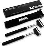 Kuvvfe portable extendable back scratcher front view showcasing the black non slip rubber handle and metal claw