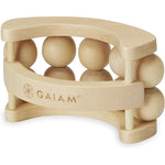 Gaiam Relax Massage Ball Roller handheld wooden body massager front view showcasing the ten independent rolling spheres.