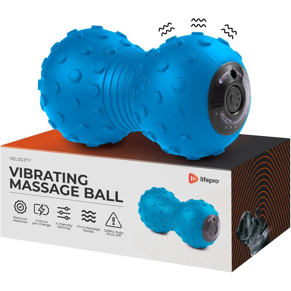 Lifepro 4-speed vibrating massage ball front view showing the blue peanut fascia roller design with textured nodules.