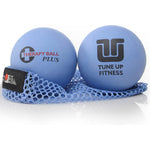 Tune Up Fitness Therapy Ball PLUS Pair front view showing blue rubber massage spheres inside a black mesh drawstring tote bag.