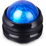 Solacium manual massage roller ball front view showing the blue resin sphere inside the ergonomic black holder.
