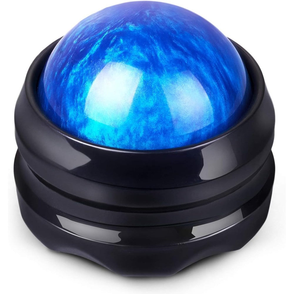 Solacium manual massage roller ball front view showing the blue resin sphere inside the ergonomic black holder.