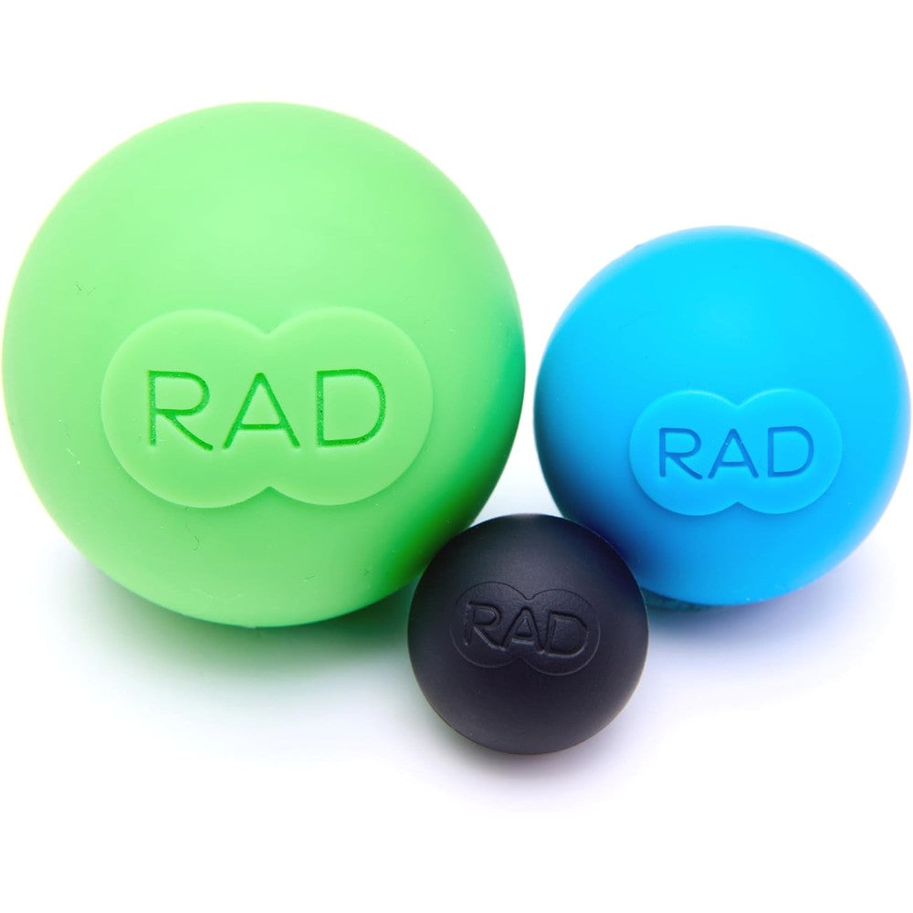 RAD Rounds 3 Density Yoga Massage Ball Set showcasing the green blue and black silicone therapy balls in a front view