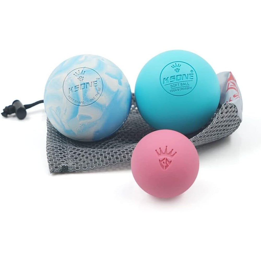 KSONE lacrosse massage ball set including blue and pink rubber spheres with a travel mesh bag front view