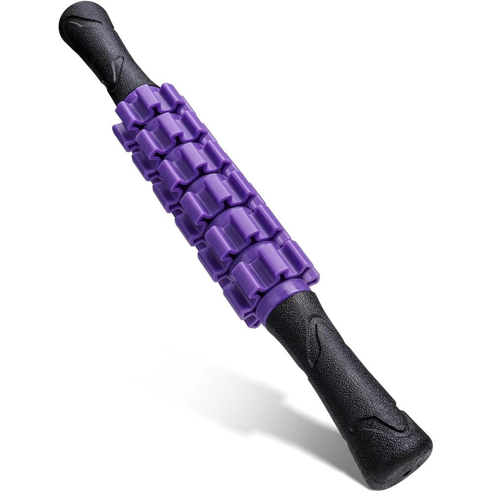 Ausejopeac muscle roller stick massager front view showing purple textured gears and black handles
